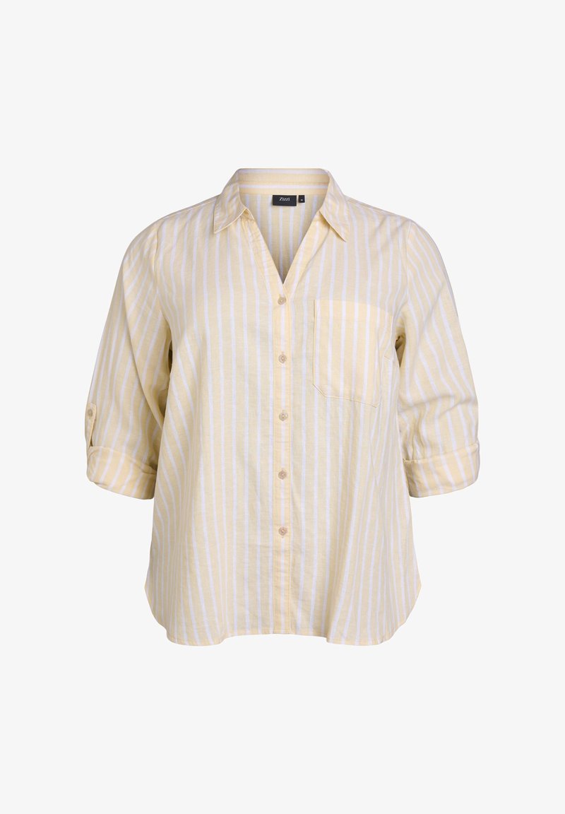 Gelb-weiße gestreifte, Knopf-up-Hem mit Kragen und Brusttasche. Verfügt über hochgekrempelte Dreiviertelärmel.