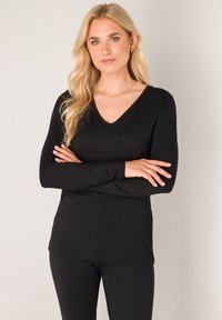 Black long-sleeve V-neck top in soft fabric with a fitted silhouette. Features minimal stitching and a sleek design suitable for layering.