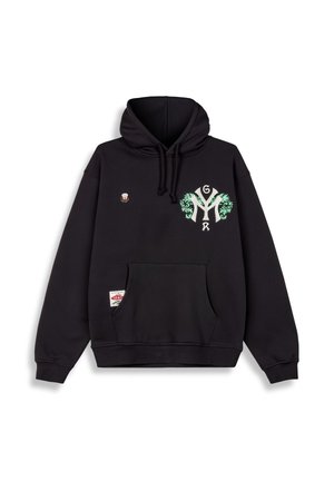 Black hoodie featuring a large white "Y" motif with green floral accents, a small pin on the chest, and a front kangaroo pocket.