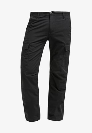 Black cargo pants with a straight cut, made from durable fabric, featuring multiple side pockets and a button closure at the waist.