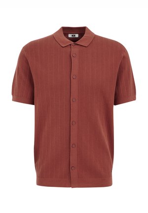 Kortärmad, rostfärgad kavaj gjord av ribbat trikåtyg, med krage och sex knappar framtill, med en enkel textur.