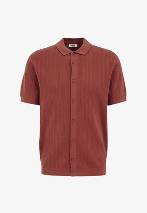 Kortärmad, rostfärgad kavaj gjord av ribbat trikåtyg, med krage och sex knappar framtill, med en enkel textur.