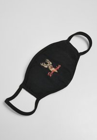 Svart tygmask med elastiska öronremmar. Har en broderad ren-design och ordet "Rudolph" i rött.