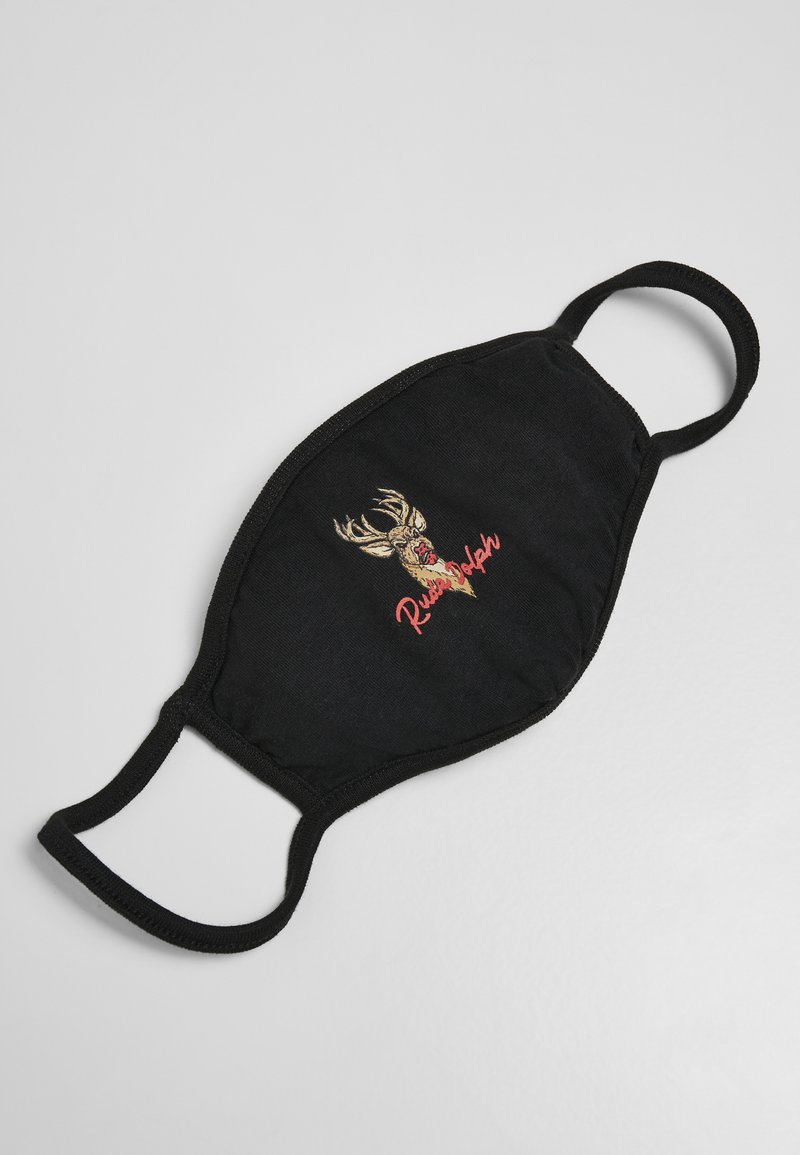 Svart tygmask med elastiska öronremmar. Har en broderad ren-design och ordet "Rudolph" i rött.