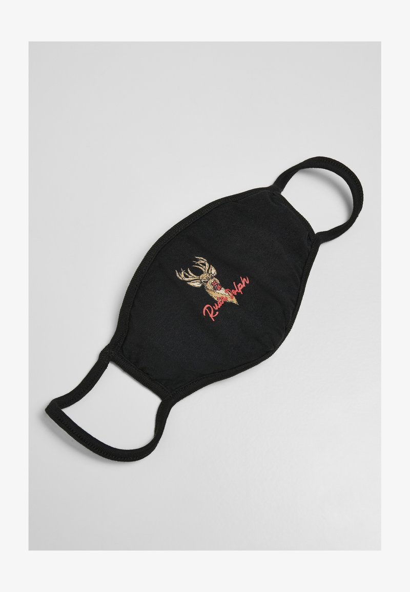 Svart tygmask med elastiska öronremmar. Har en broderad ren-design och ordet "Rudolph" i rött.