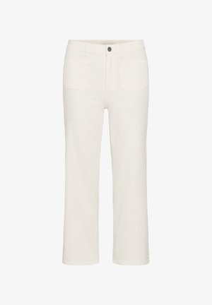 Off-white džíny s rovným střihem, předními kapsami, poutky na pásek a zapínáním na knoflík, zobrazené na bílém pozadí.