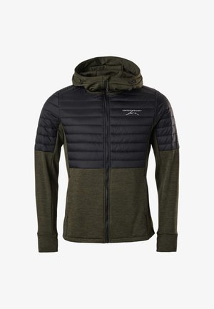 Herenjas met rits van olijfgroene stof en zwarte doorgestikte panelen op borst en schouders, met aangehechte capuchon en Swedemount-logo.