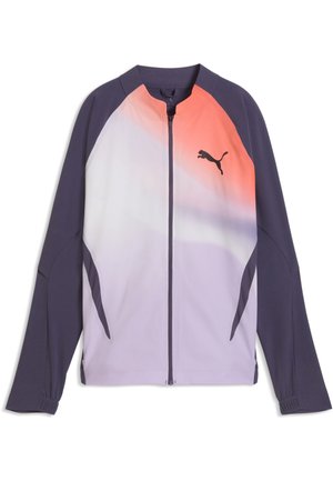 Langærmet sportjakke med lynlås, mørke ærmer og en krop med gradient i hvid, lilla og orange, med et sort Puma-logo på brystet.