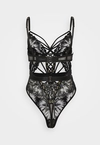 Black lace bodysuit with floral patterns, sheer fabric, strappy design, gold accents, and crisscross detailing at front and back.