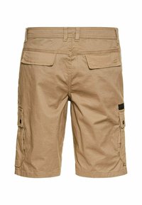 Khaki cargoshorts van katoen, met een vlakke voorkant, twee achterzakken en zijcargozakken met drukknopen.