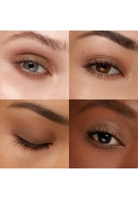 Vier close-up afbeeldingen van ogen: twee open, met blauwe en bruine iris, en twee gesloten, met egale huidtinten en duidelijke wenkbrauwen.