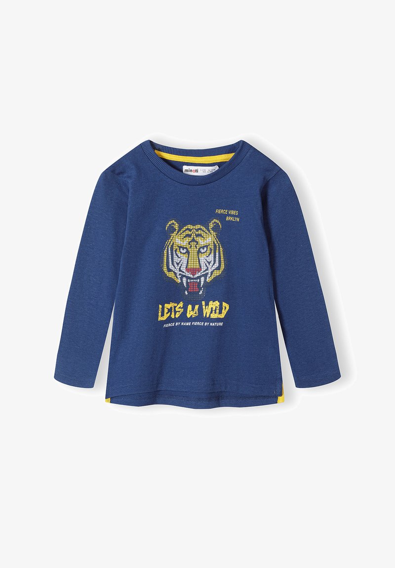 Mėlynas ilgas rankovės marškinėliai, pagaminti iš medvilnės, su tigro grafika, turinčia gelsvus ir baltus akcentus. Tekstas sako "EIKIME Į NERIMĄ". Geltonas apvadas apačioje.