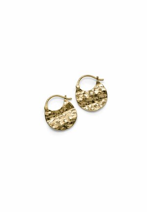 Pair of small gold-toned hammered metal hoop earrings with rounded, slightly flattened shape and latch back closures on white background.