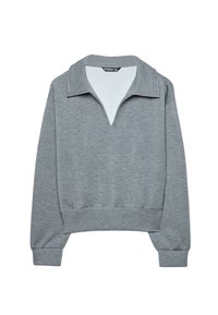 Grå langærmet pullover med bred krave og dyb V-halsudskæring, ribbet manchetter og ribbet liv.
