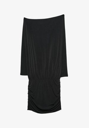 Black dress with a draped design, long sleeves, and gathered texture at the waist. Made of a soft, stretchy fabric.