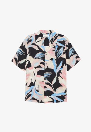 Short-sleeve shirt in black fabric with large, colorful floral pattern in pastel pink and blue. Features a classic collar and button front.