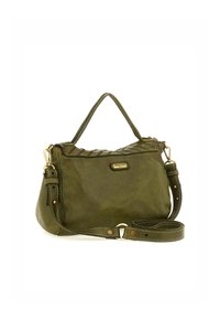 Borsa a tracolla in pelle verde oliva con parte superiore testurizzata, manico corto e tracolla lunga regolabile. Presenta dettagli in metallo dorato e chiusura a zip.