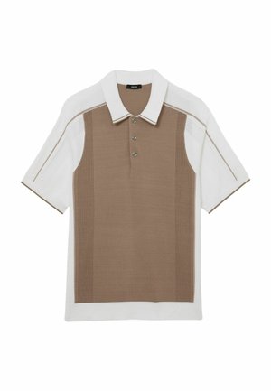 Kortærmet polo med hvide ærmer og krave, beige frontpanel med strukturerede lodrette striber og tre knapper ved halsen.