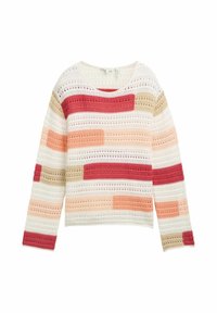 Pull à manches longues en maille avec un motif ajouré et des rayures horizontales dans des nuances de blanc, rouge, pêche et beige.