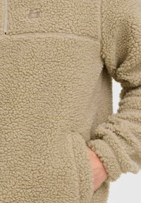 Beiger Fleece-Pullover mit strukturierter Oberfläche, halbzipper und gerippten Bündchen. Mit kleinem Logo in der Nähe des Zippers.