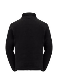 Pullover in pile nero con colletto alto, maniche lunghe e texture morbida. Nessun hardware o accenti visibili sulla parte posteriore.