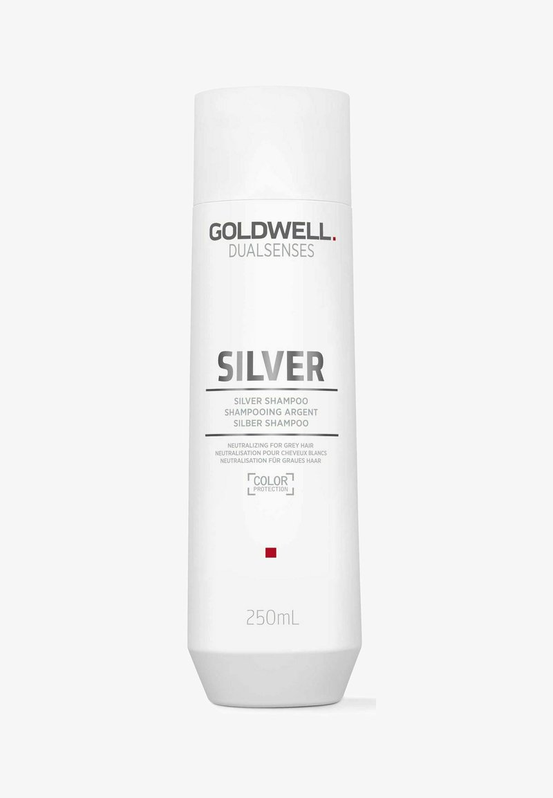 Goldwell Dualsenses Silver Shampoo in a white plastic bottle, featuring black and red text. 250ml capacity with a tapered bottom.