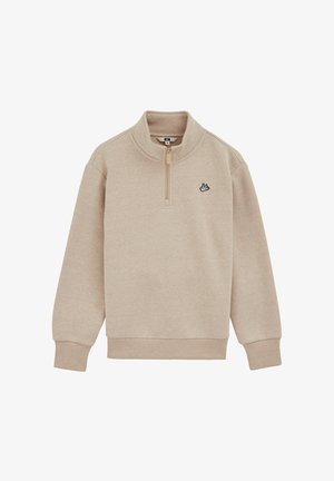 Beige quarter-zip sweatshirt met ribgebreide manchetten en zoom. Bevat een klein zwart geborduurd logo op de linkerborst. Zachte katoenmixstof.