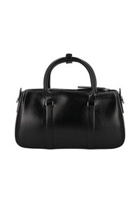 Schwarze Lederhandtasche mit abgerundeten oberen Griffen, Reißverschluss und vertikalen Riemendetails. Glatte Textur und strukturierte, rechteckige Form.