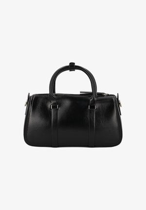 Schwarze Lederhandtasche mit abgerundeten oberen Griffen, Reißverschluss und vertikalen Riemendetails. Glatte Textur und strukturierte, rechteckige Form.