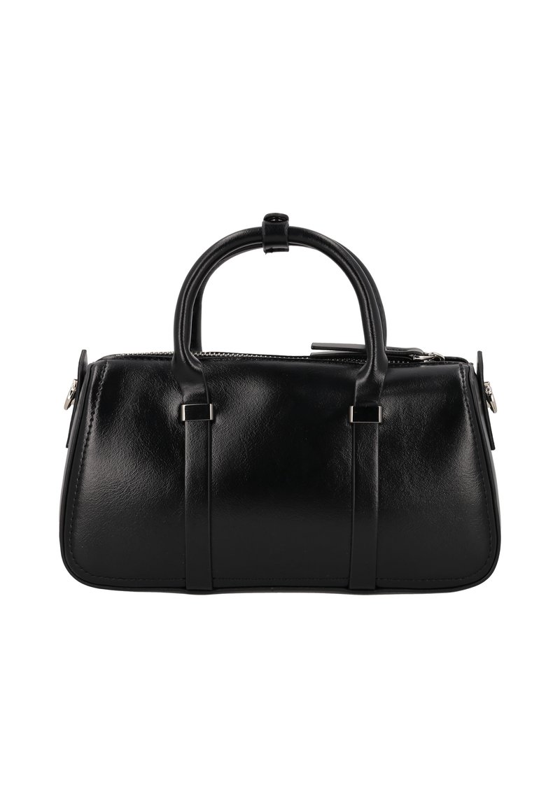 Schwarze Lederhandtasche mit abgerundeten oberen Griffen, Reißverschluss und vertikalen Riemendetails. Glatte Textur und strukturierte, rechteckige Form.