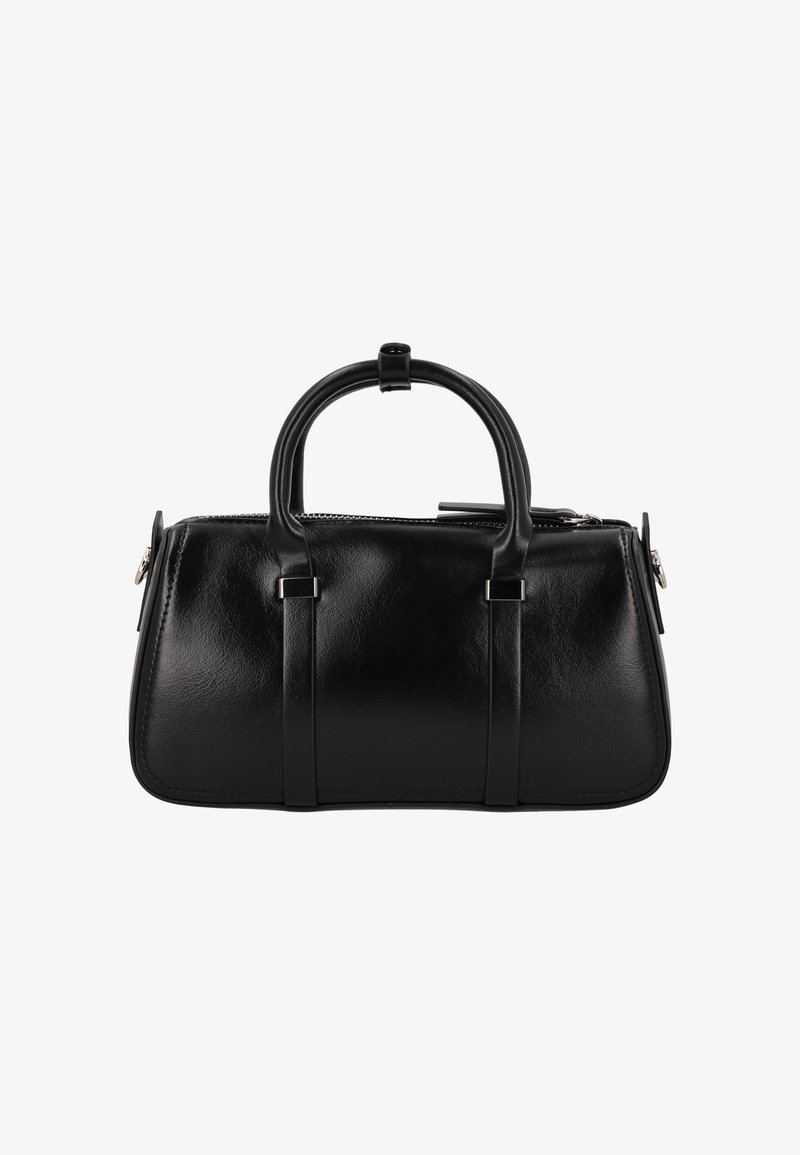 Schwarze Lederhandtasche mit abgerundeten oberen Griffen, Reißverschluss und vertikalen Riemendetails. Glatte Textur und strukturierte, rechteckige Form.