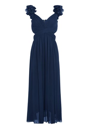 Navy blue evening gown with pleated bodice, crisscross waist detail, and ruffled shoulder straps, flowing chiffon skirt, zipper at the back.