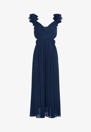Navy blue evening gown with pleated bodice, crisscross waist detail, and ruffled shoulder straps, flowing chiffon skirt, zipper at the back.