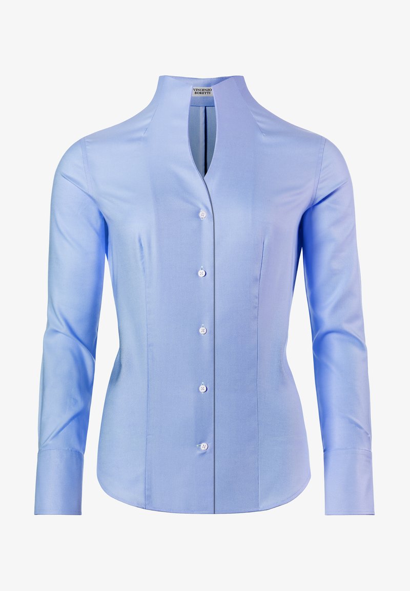 Light blue long-sleeve shirt with a high collar, featuring a front button closure and a smooth, textured fabric.