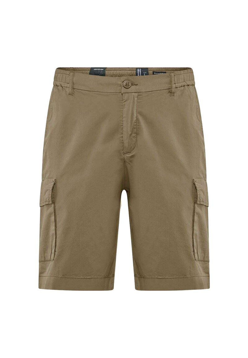 Pantaloni cargo color khaki realizzati in tessuto leggero; presentano due tasche laterali, una chiusura con bottone e un taglio dritto con dettagli di orlo cucito.