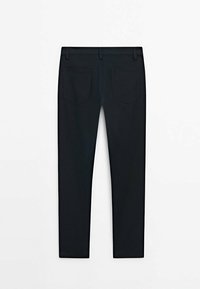 Black fitted trousers with a smooth texture, featuring two back pockets and a mid-rise waist. Simple design and clean lines.