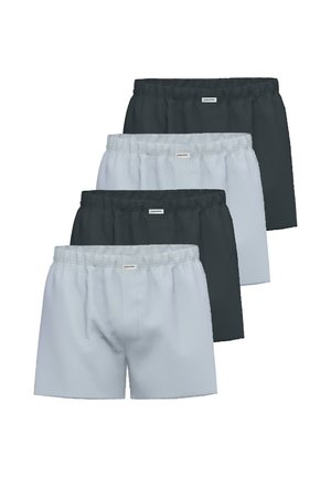 Vier Paar Herren-Boxershorts mit elastischem Bund in abwechselnden dunkelgrauen und hellgrauen Farben, gestapelt in versetzter Anordnung.