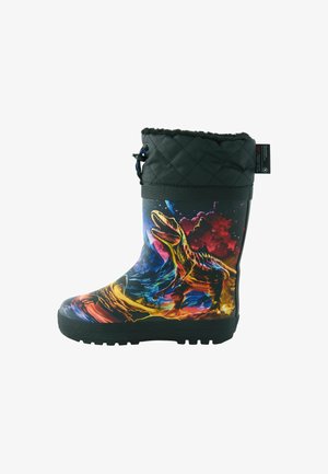 Bunt gemusterter Dinosaurier-Gummi-Regenschuh mit einem schwarzen Steppoberen, strukturiertem Grip-Sohlen und lebhaftem Grafikdesign am Schaft.