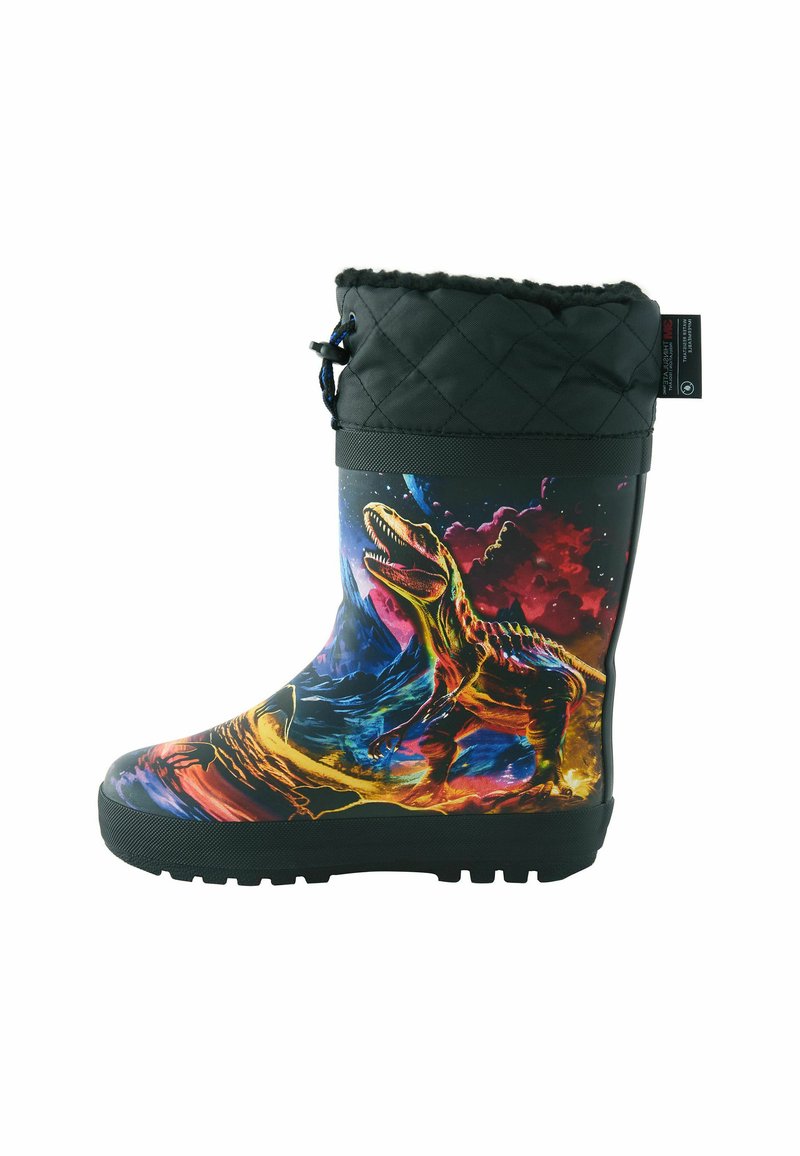 Botte de pluie en caoutchouc à thème de dinosaure multicolore avec un dessus en tissu matelassé noir, semelle à grip texturé et un design graphique vibrant sur le tige.