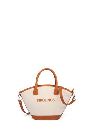 Bolso tote de lona con asas de cuero marrón, ribete y correa de hombro desmontable, con la marca "PIKOLINOS" en el frente.