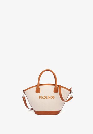 Bolso tote de lona con asas de cuero marrón, ribete y correa de hombro desmontable, con la marca "PIKOLINOS" en el frente.