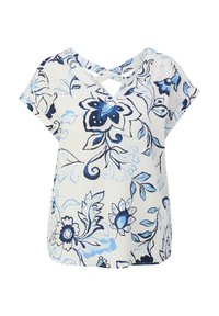 Blouse blanche à manches courtes avec grand imprimé floral bleu et détail croisé au col en V.