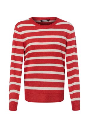Red and white horizontal striped long-sleeve knit sweater with crew neck and ribbed cuffs and hem by Olsen.