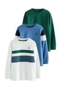 Tričko s dlhým rukávom: biele s zelenými a námorníckymi pruhmi, modré s námorníckymi a bielymi akcentmi a zelené. Bavlnený materiál, klasický crew neck dizajn.