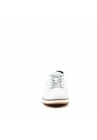 White sneaker with gray laces, perforated front, and brown sole, shown from a front-facing view on a white background.