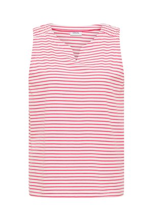 Ärmelloses weißes Top mit horizontalen rosa Streifen, rundem Ausschnitt mit Einkerbung und gerafften Schulterdetails.