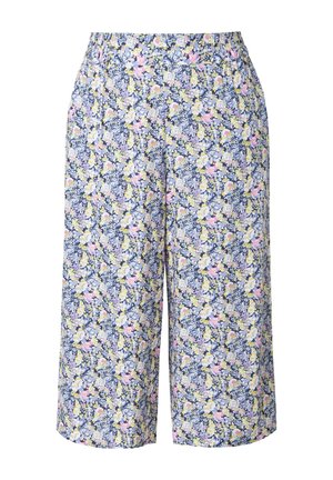 Culottes con motivo floreale e vita elastica. Sfondo prevalentemente blu con fiori rosa e gialli. Tessuto leggero, vestibilità ampia.