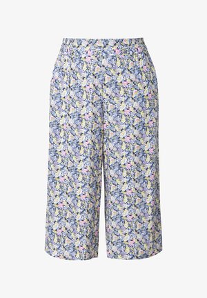 Culottes con motivo floreale e vita elastica. Sfondo prevalentemente blu con fiori rosa e gialli. Tessuto leggero, vestibilità ampia.