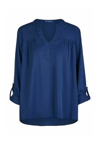 Marineblaue, leichte Bluse mit V-Ausschnitt, Raffung und drei Viertel lange Ärmel, die mit Riegeln hochgerollt sind. Glatte Textur und lockere Passform.