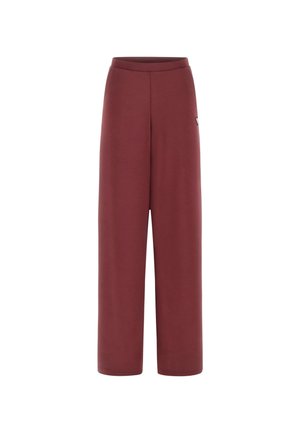 Wijdvallende bordeauxrode broek met een hoge taille en een klein zijzakje, gepresenteerd op een effen witte achtergrond.